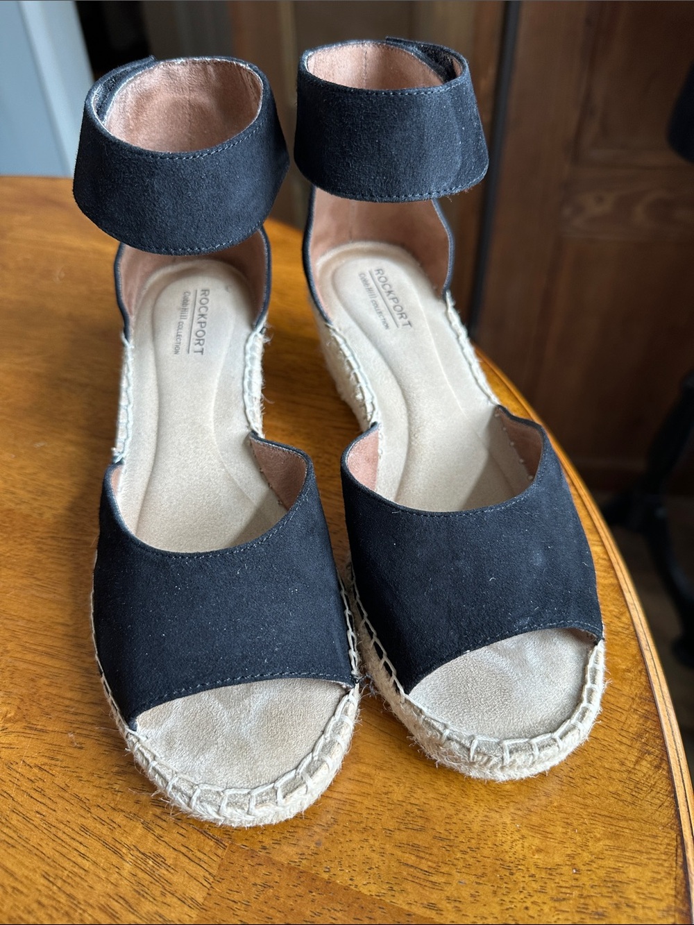 Rockport Black Espadrille Wedge Sandals with Ankle Strap Sz 7 1/2